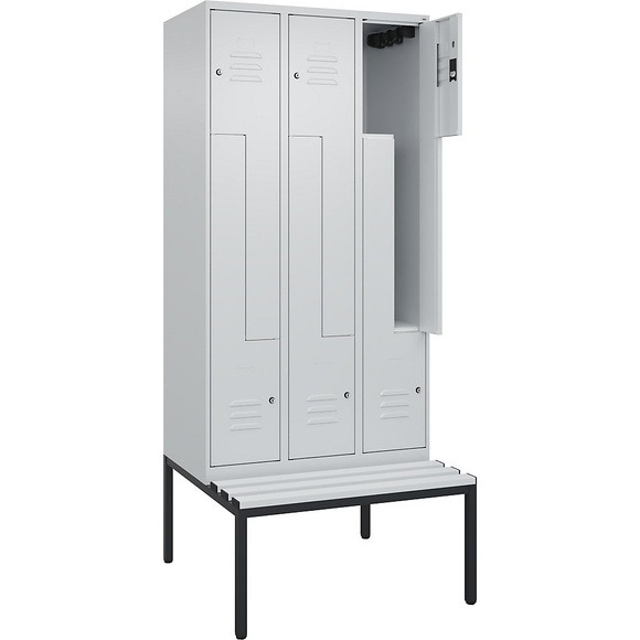 C+P Z-Spind Classic PLUS Sitzbank, 3 Abteile, lichtgrau, B 900 mm, Zylinderschloss, untergebaut, Kunststoff
