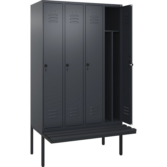 C+P Spind Classic PLUS Sitzbank, 4 Abteile, mittig, grau, B 1200 mm, Sicherheits-Drehriegel, auskragend, Kunststoff