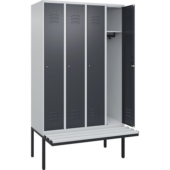 C+P Spind Classic PLUS Sitzbank, 4 Abteile, lichtgrau / grau, B 1200 mm, Zylinderschloss, auskragend, Kunststoff