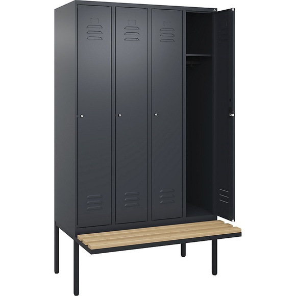 C+P Spind Classic PLUS Sitzbank, 4 Abteile, grau, B 1200 mm, Zylinderschloss, auskragend, Buche-Hartholz