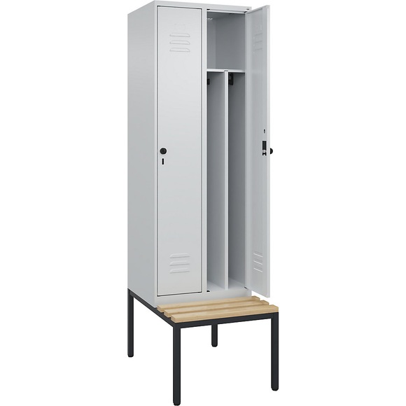 C+P Spind Classic PLUS Sitzbank, 2 Abteile, mittig, lichtgrau, B 600 mm, Sicherheits-Drehriegel, untergebaut, Buche-Hartholz