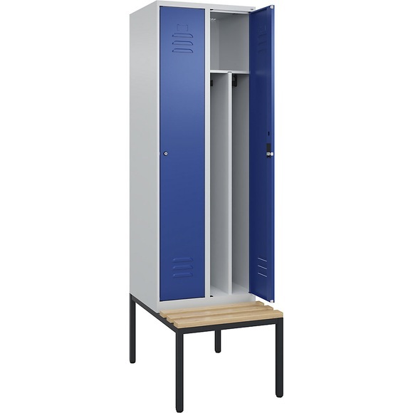 C+P Spind Classic PLUS Sitzbank, 2 Abteile, mittig, lichtgrau / enzianblau, B 600 mm, Zylinderschloss, untergebaut, Buche-Hartholz