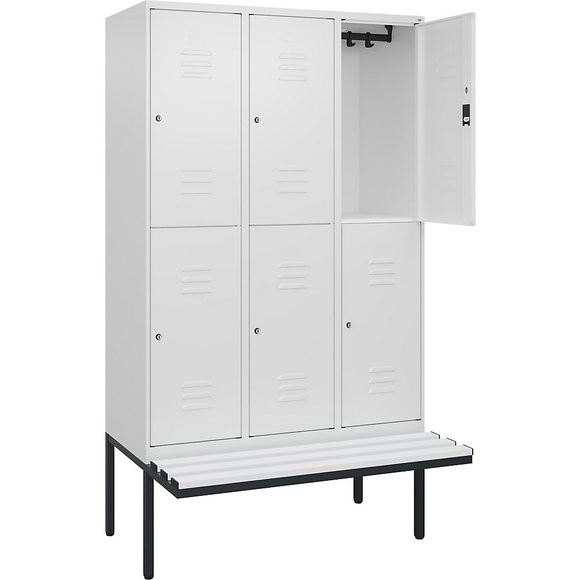 C+P Doppelstock-Spind Classic PLUS Sitzbank, 3 Abteile, verkehrsweiß, B 1200 mm, Zylinderschloss, auskragend, Kunststoff