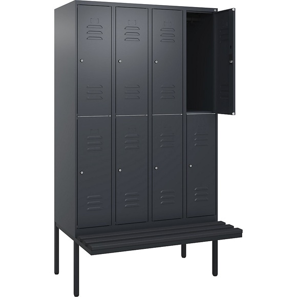 C+P Doppelstock-Spind Classic PLUS Sitzbank, 4 Abteile, grau, B 1200 mm, Zylinderschloss, auskragend, Kunststoff