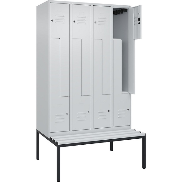 C+P Z-Spind Classic PLUS Sitzbank, 4 Abteile, lichtgrau, B 1200 mm, Zylinderschloss, untergebaut, Kunststoff