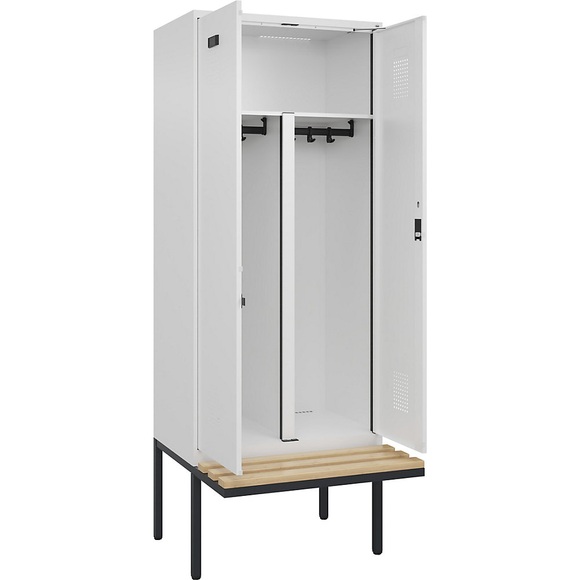 Schwarz-Weiß-Spind Evolo PLUS Sitzbank, 2 Abteile, weiß, B 800 mm, Zylinderschloss, mit auskragender Sitzbank, Buche