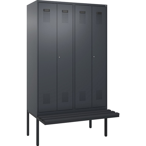 Schwarz-Weiß-Spind Evolo PLUS Sitzbank, 4 Abteile, grau, B 1200 mm, Zylinderschloss, mit auskragender Sitzbank, Kunststoff
