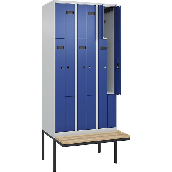 Z-Spind Evolo PLUS Sitzbank, 3 Abteile, lichtgrau / enzianblau, B 900 mm, Zylinderschloss, mit auskragender Sitzbank, Buche