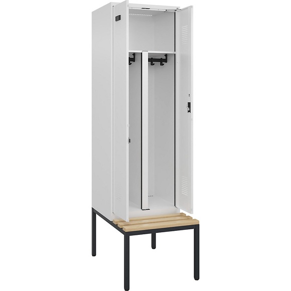 Schwarz-Weiß-Spind Evolo PLUS Sitzbank, 2 Abteile, weiß, B 600 mm, Zylinderschloss, mit untergebauter Sitzbank, Buche
