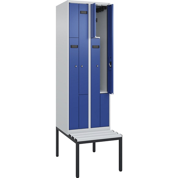 Z-Spind Evolo PLUS Sitzbank, 2 Abteile, lichtgrau / enzianblau, B 600 mm, Zylinderschloss, mit untergebauter Sitzbank, Kunststoff