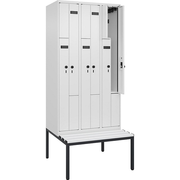 Z-Spind Evolo PLUS Sitzbank, 3 Abteile, weiß, B 900 mm, Sicherheits-Drehriegel, mit untergebauter Sitzbank, Kunststoff