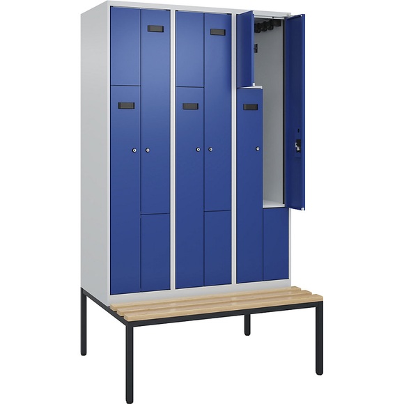 Z-Spind Evolo PLUS Sitzbank, 3 Abteile, lichtgrau / enzianblau, B 1200 mm, Zylinderschloss, mit untergebauter Sitzbank, Buche