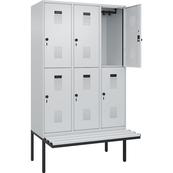 Doppelstock-Spind Evolo PLUS Sitzbank, 3 Abteile, lichtgrau / lichtgrau, B 1200 mm, Sicherheits-Drehriegel, mit auskragender Sitzbank, Kunststoff