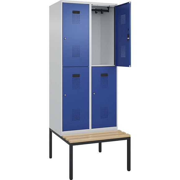 Doppelstock-Spind Evolo PLUS Sitzbank, 2 Abteile, lichtgrau / enzianblau, B 800 mm, Zylinderschloss, mit untergebauter Sitzbank, Buche