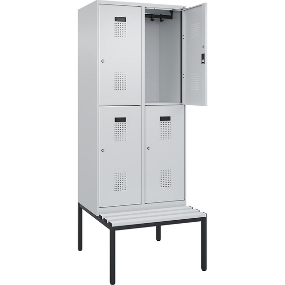Doppelstock-Spind Evolo PLUS Sitzbank, 2 Abteile, lichtgrau / lichtgrau, B 800 mm, Zylinderschloss, mit untergebauter Sitzbank, Kunststoff