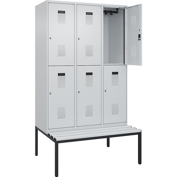 Doppelstock-Spind Evolo PLUS Sitzbank, 3 Abteile, lichtgrau / lichtgrau, B 1200 mm, Zylinderschloss, mit untergebauter Sitzbank, Kunststoff