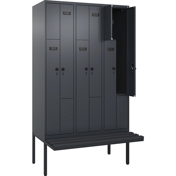 Z-Spind Evolo PLUS Sitzbank, 3 Abteile, grau, B 1200 mm, Sicherheits-Drehriegel, mit auskragender Sitzbank, Kunststoff