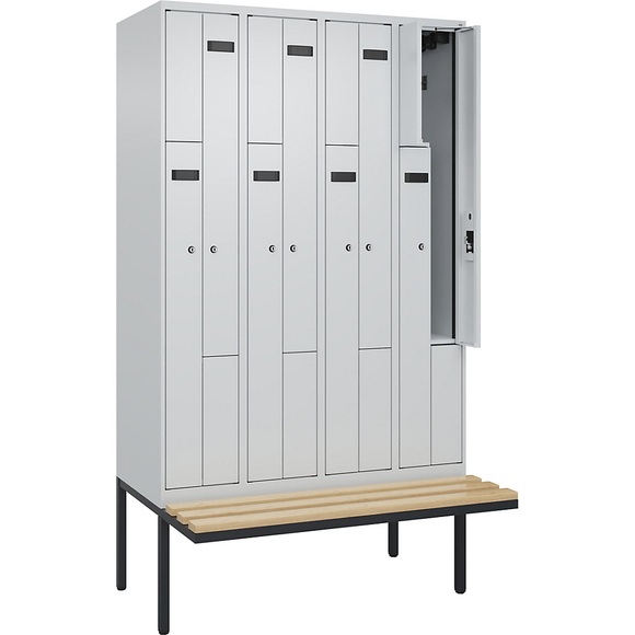 Z-Spind Evolo PLUS Sitzbank, 4 Abteile, lichtgrau / lichtgrau, B 1200 mm, Zylinderschloss, mit auskragender Sitzbank, Buche