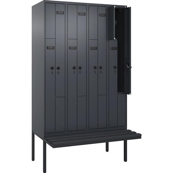 Z-Spind Evolo PLUS Sitzbank, 4 Abteile, grau, B 1200 mm, Sicherheits-Drehriegel, mit auskragender Sitzbank, Kunststoff