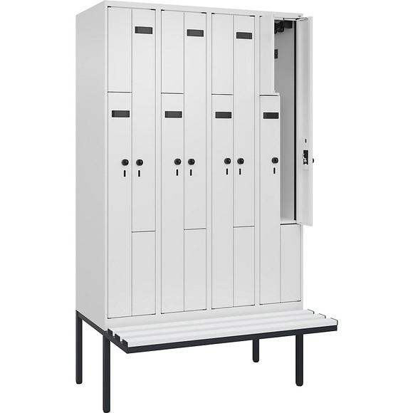 Z-Spind Evolo PLUS Sitzbank, 4 Abteile, weiß, B 1200 mm, Sicherheits-Drehriegel, mit auskragender Sitzbank, Kunststoff