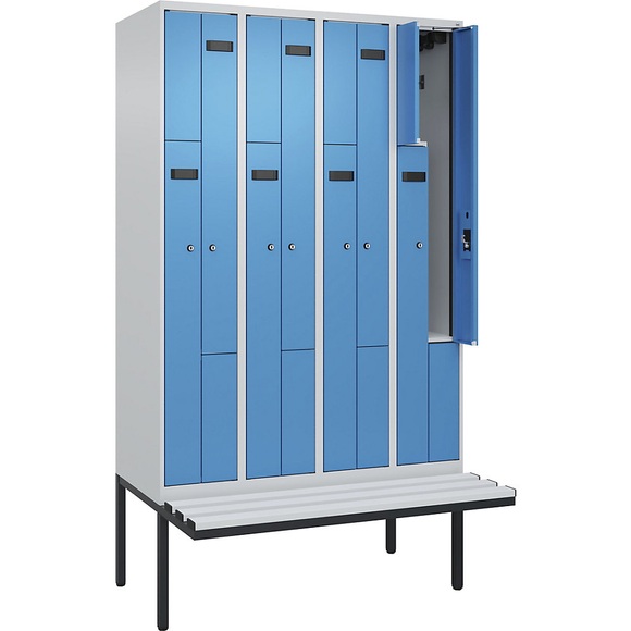 Z-Spind Evolo PLUS Sitzbank, 4 Abteile, lichtgrau / lichtblau, B 1200 mm, Zylinderschloss, mit auskragender Sitzbank, Kunststoff
