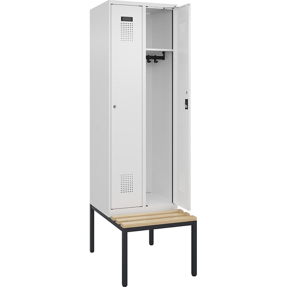 Spind Evolo PLUS Sitzbank, 2 Abteile, weiß, B 600 mm, Zylinderschloss, mit untergebauter Sitzbank, Buche