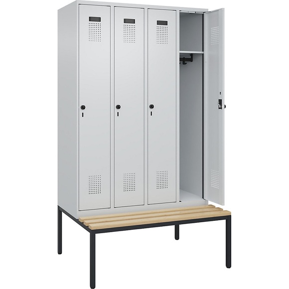 Spind Evolo PLUS Sitzbank, 4 Abteile, lichtgrau / lichtgrau, B 1200 mm, Sicherheits-Drehriegel, mit untergebauter Sitzbank, Buche