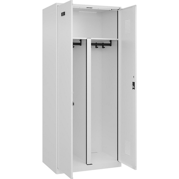 Schwarz-Weiß-Spind Evolo PLUS, 1 Abteil, Trennwand mittig, weiß, B 800 mm, mit Bodengleitern, Zylinderschloss