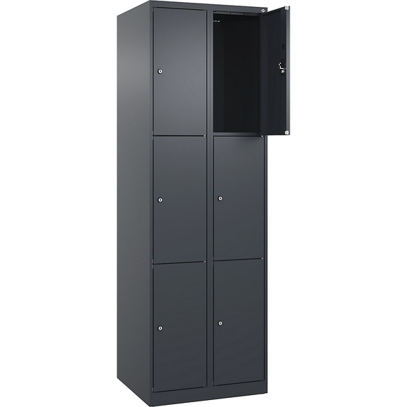 3er-Schließfachschrank Evolo PLUS, 2 Abteile, grau, B 600 mm, 6 Fächer, mit Bodengleitern, Zylinderschloss