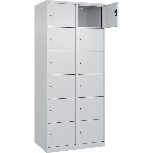 6er-Schließfachschrank Evolo PLUS, 2 Abteile, lichtgrau, B 800 mm, 12 Fächer, mit Bodengleitern, Zylinderschloss