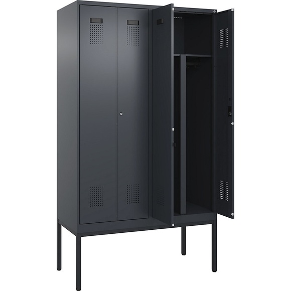 Schwarz-Weiß-Spind Evolo PLUS, 2 Abteile, Trennwand mittig, grau, B 1200 mm, mit schmalen Füßen, Zylinderschloss
