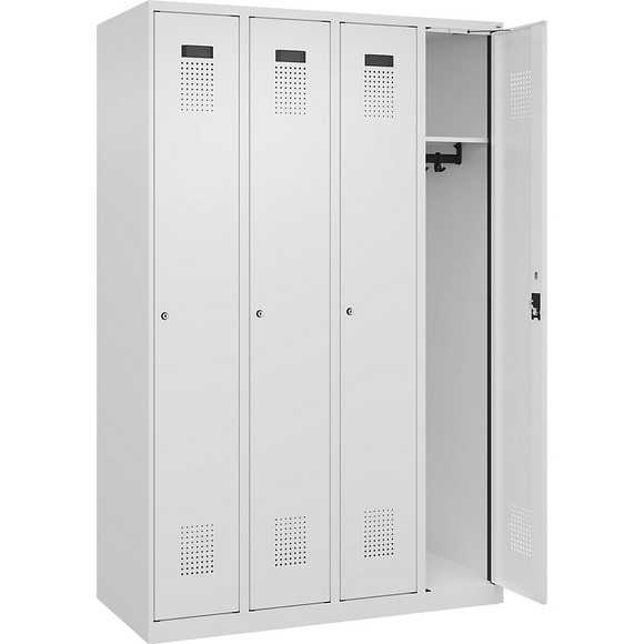 C+P Spind Evolo PLUS, 4 Abteile, verkehrsweiß, B 1200 mm, mit Bodengleitern, Zylinderschloss
