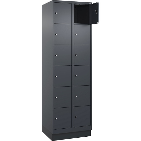 6er-Schließfachschrank Evolo PLUS, 2 Abteile, grau, B 600 mm, 12 Fächer, mit Bodensockel, Zylinderschloss