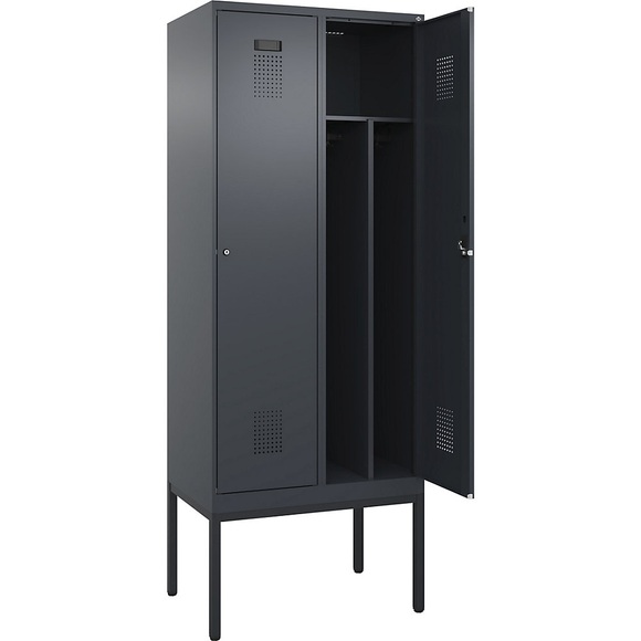 Spind Evolo PLUS Trennwand mittig, 2 Abteile, grau, B 800 mm, mit schmalen Füßen, Zylinderschloss
