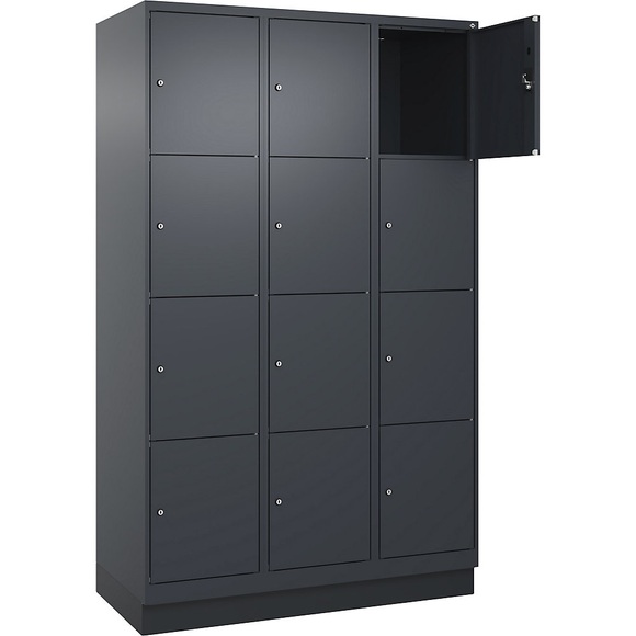 4er-Schließfachschrank Evolo PLUS, 3 Abteile, grau, B 1200 mm, 12 Fächer, mit Bodensockel, Zylinderschloss