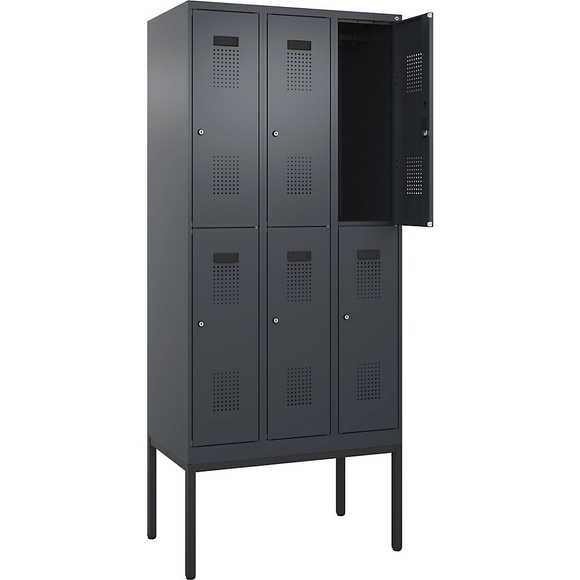 C+P Doppelstock-Spind Evolo PLUS, 3 Abteile, grau, B 900 mm, mit schmalen Füßen, Zylinderschloss