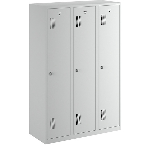 QUIPO Garderobenschrank Breite 1200 mm, 3 Abteile à 398 mm, mit Vorhängeschlossvorrichtung komplett lichtgrau