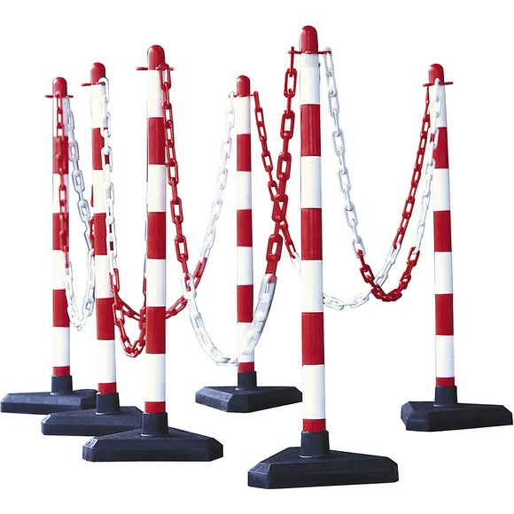Kettenständer-Set zementgefüllter Dreiecksfuß 6 Pfosten, 10 m Kette, rot / weiß