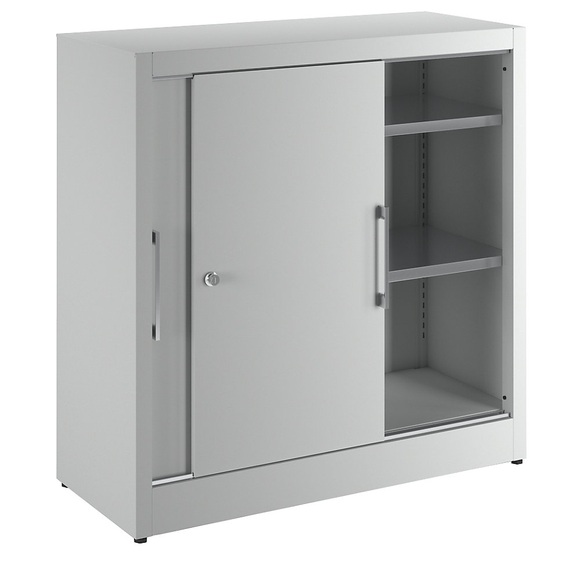 EUROKRAFT Schiebetürschrank mit 2 Fachböden, HxB 1000 x 1000 mm Tiefe 420 mm, Türen lichtgrau RAL 7035