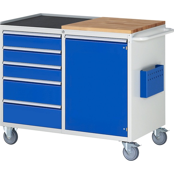 RAU Werkbank, fahrbar 5 Schubladen, 1 Tür, Arbeitsfläche Holz / Metall lichtgrau / enzianblau
