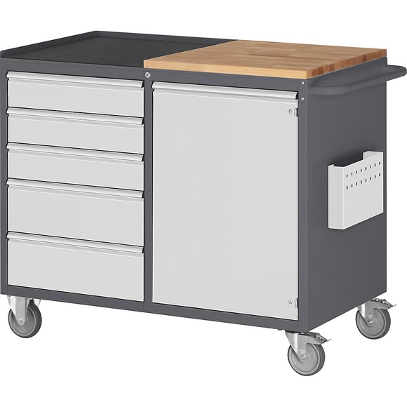 RAU Werkbank, fahrbar 5 Schubladen, 1 Tür, Arbeitsfläche Holz / Metall anthrazit / lichtgrau
