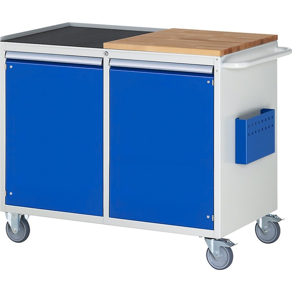 RAU Werkbank, fahrbar 2 Türen, Arbeitsfläche Holz / Metall lichtgrau / enzianblau