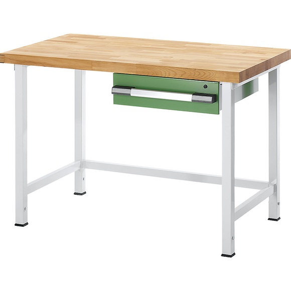 EUROKRAFT Werkbank, höhenverstellbar, mit Buchemassivplatte 1 Schublade Breite 1500 mm, anthrazit / blau