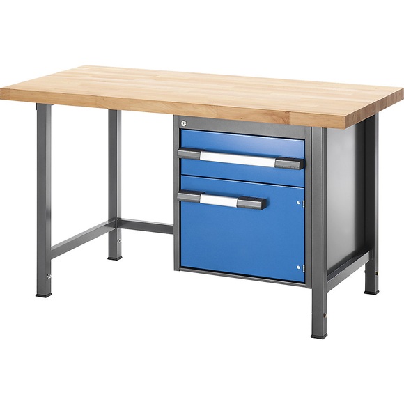 EUROKRAFT Werkbank, höhenverstellbar, mit Buchemassivplatte 1 Schublade, 1 Flügeltür Breite 750 mm, anthrazit / blau