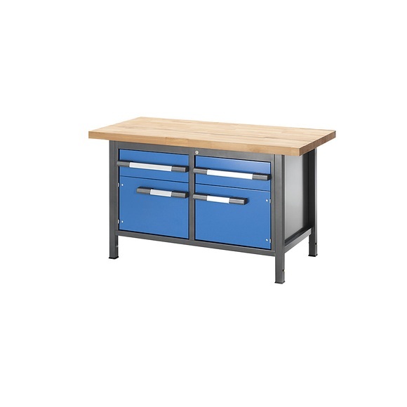 EUROKRAFT Werkbank, höhenverstellbar, mit Buchemassivplatte 2 Schubladen, 2 Türen Breite 1500 mm, anthrazit / blau