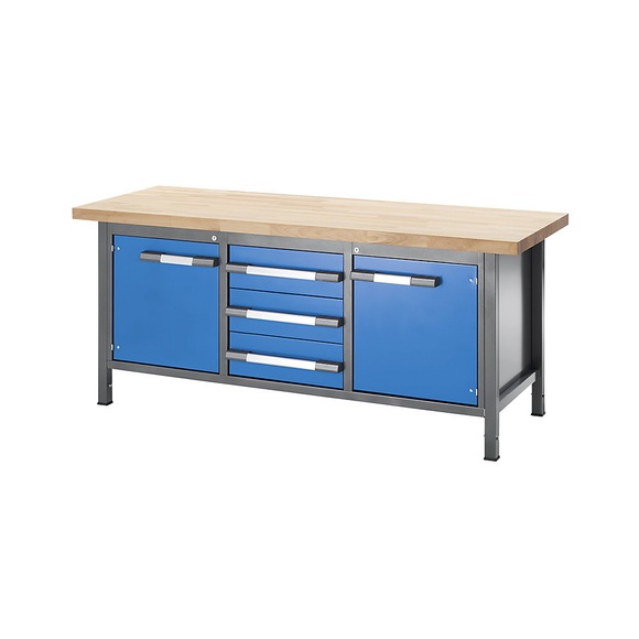 EUROKRAFT Werkbank, höhenverstellbar, mit Buchemassivplatte 3 Schubladen, 2 Flügeltüren Breite 2000 mm, anthrazit / blau