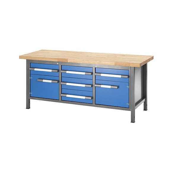 EUROKRAFT Werkbank, höhenverstellbar, mit Buchemassivplatte 5 Schubladen, 2 Flügeltüren Breite 2000 mm, anthrazit / blau