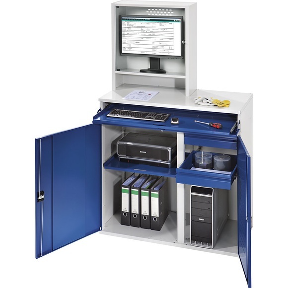 RAU Computer-Arbeitsstation Monitorgehäuse, 1 Ausziehboden, 2 Schubladen Breite 1100 mm, lichtgrau / enzianblau