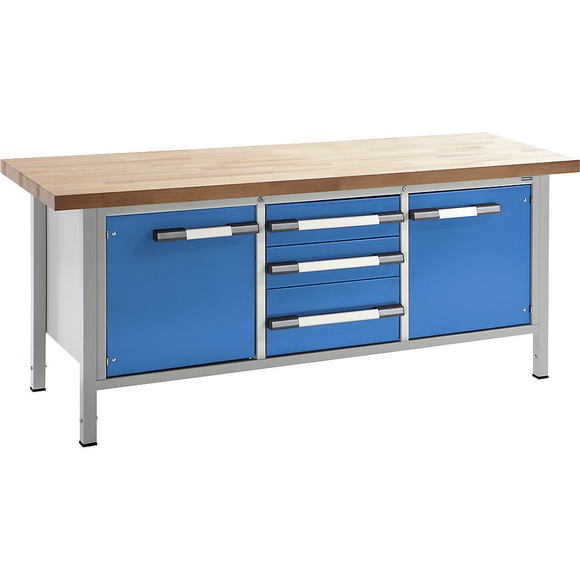 EUROKRAFT Werkbank, höhenverstellbar Breite 2000 mm, 3 Schubladen, 2 Türen grau / blau