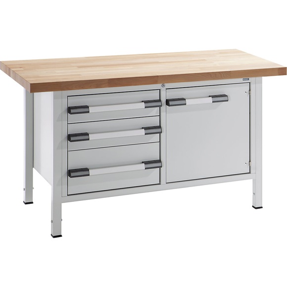 EUROKRAFT Werkbank, höhenverstellbar Breite 1500 mm, 3 Schubladen, 1 Tür grau
